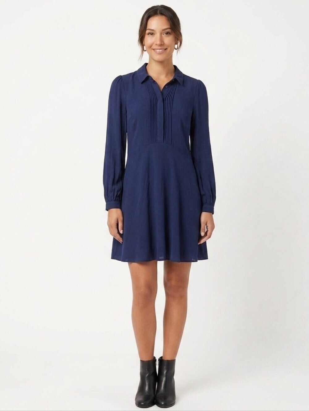 Whistles Pintuck Shirt Dress Navy US 8 Midi Cotton Workwear Quiet Luxury